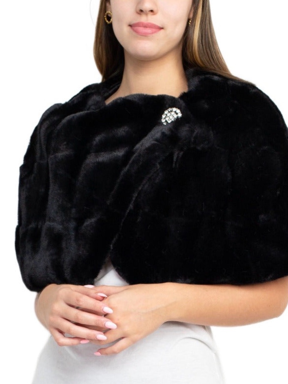 Nina Leonard Black Faux Fur Wrap with Rhinestone Brooch